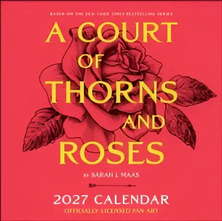 Een levendige rode 2027 kalender met goudkleurige letters en zwarte bloemillustraties thorns and roses officieel licensed