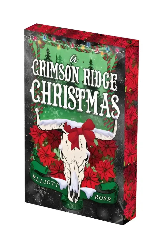 A deluxe limited edition festive holiday book crimson ridge christmas featuring a white bull skull with red bow and poinsettias