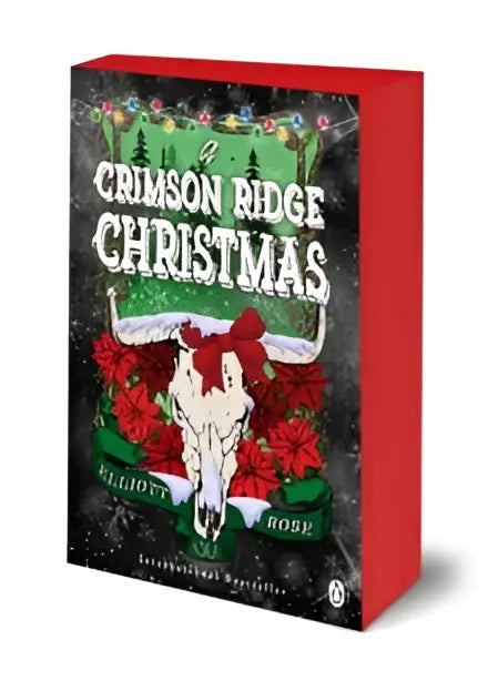 A crimson ridge christmas book by elliott rose with red and green cover featuring white bull skull and poinsettias