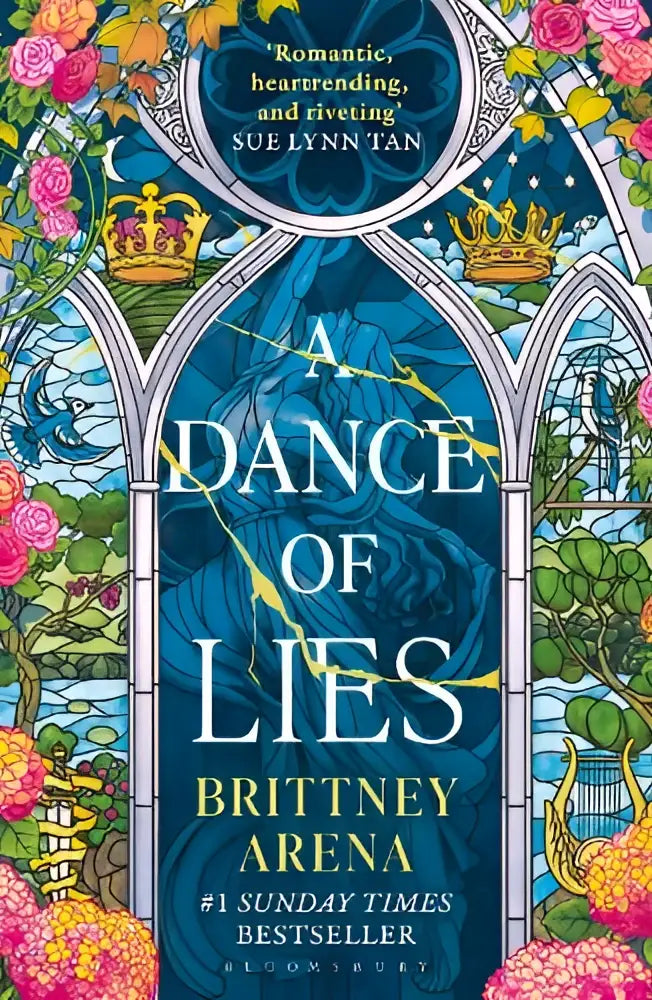 Een levendige omslag van a dance of lies door brittney arena met een glazen raam ontwerp, beste times bestselling romantic fantasy