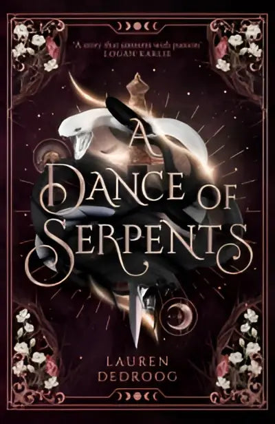 De donkere, met zilver versierde omslag van a dance of serpents toont slangen en een centraal figuur in deze unmissable sequel fantasy romance