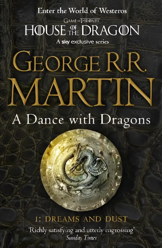 Een goudkleurige coin met ingewikkeld gegraveerde draak en metalen textuur voor dance with dragons dreams and dust