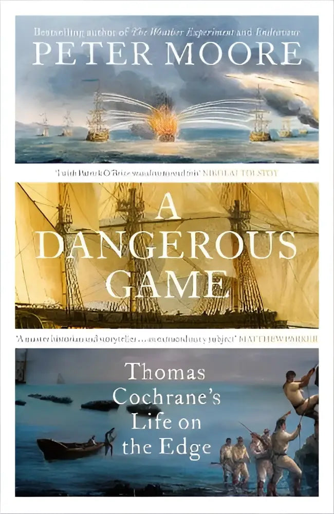 Het boek gevaarlijk spel van peter moore toont een dramatische zee met drie schepen en stormachtige lucht en persoonlijke verhalen