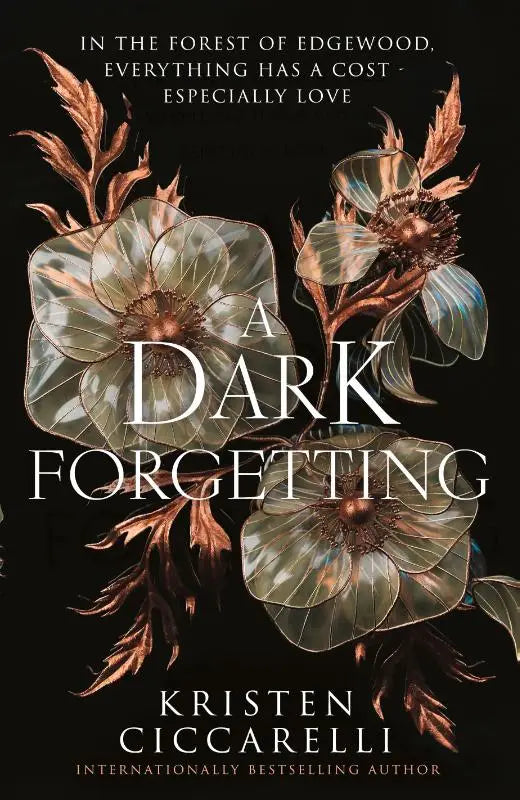 Donkere elegante boekomslag van dark forgetting met doorschijnende groene en koperen bloemen op zwarte achtergrond