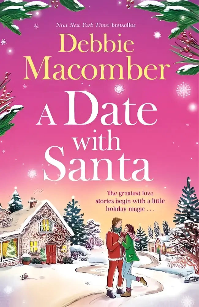 A festive pink book cover for a date with santa featuring a snowy village scene with figures in holiday attire