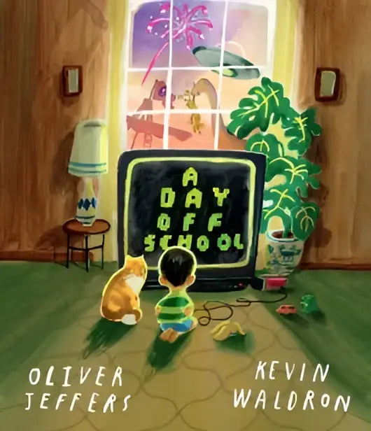 Een gezellige geïllustreerde kinderboekcover met een kind en kat die een dag off school op een oude tv bekijken