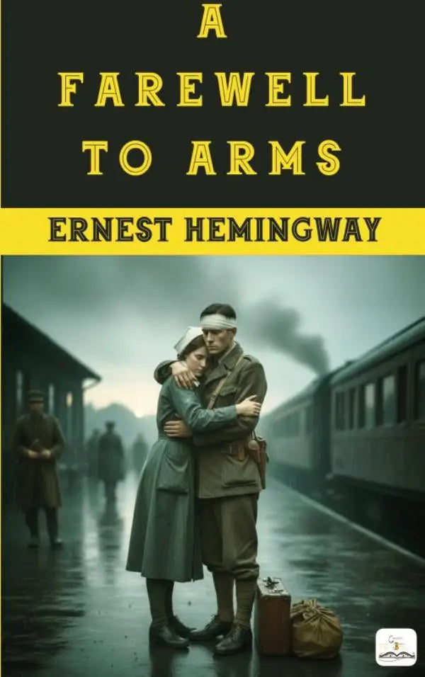 De cover van het boek a farewell to arms van ernest hemingway toont een sombere illustratie van een soldaat en vrouw op een regenachtige treinperron