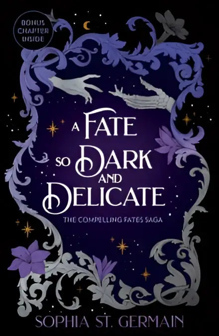 De boekcover van a fate so dark and delicate door sophia st germain toont een zilverachtige elessia en merrick ontwerp op paars