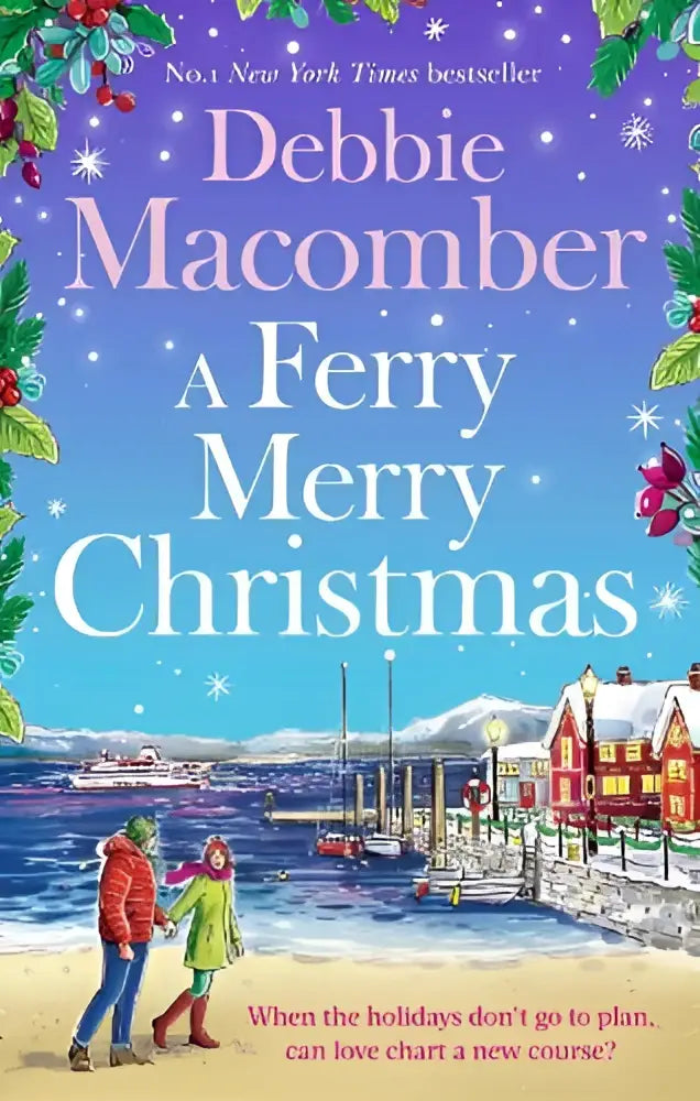 A festive book cover for ferry merry christmas showing a snowy harbor with two people walking on the beach