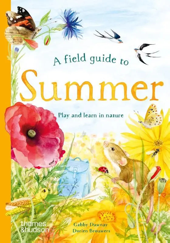 A field guide featuring a vibrant blue backpack amidst colorful summer flowers to play and learn in nature