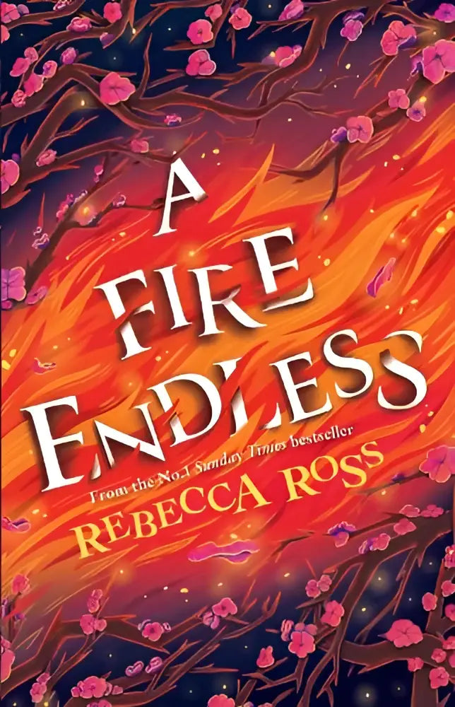 Vibrante boekcover van a fire endless door rebecca ross met vurige oranje rode vlammen en roze bloesemtakken
