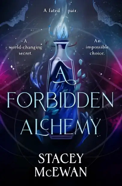 Een gloeiende blauwe alchemistische fles met zilveren details en een mystieke achtergrond voor een slow burn romantasy