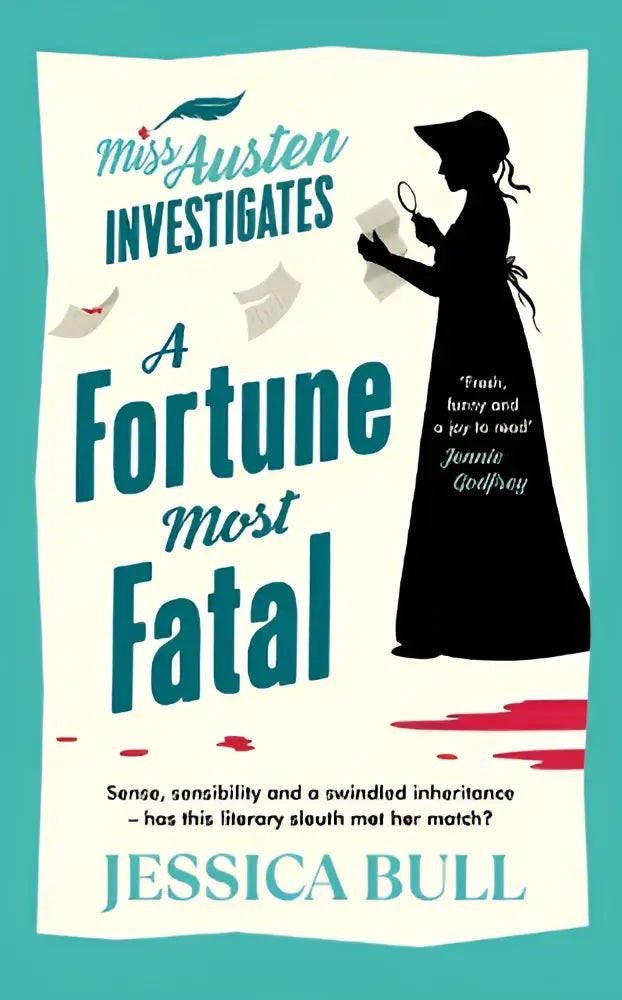 De boekenomslag van fortune most fatal van jessica bull toont een zwarte silhouet van een vrouw met vergrootglazen