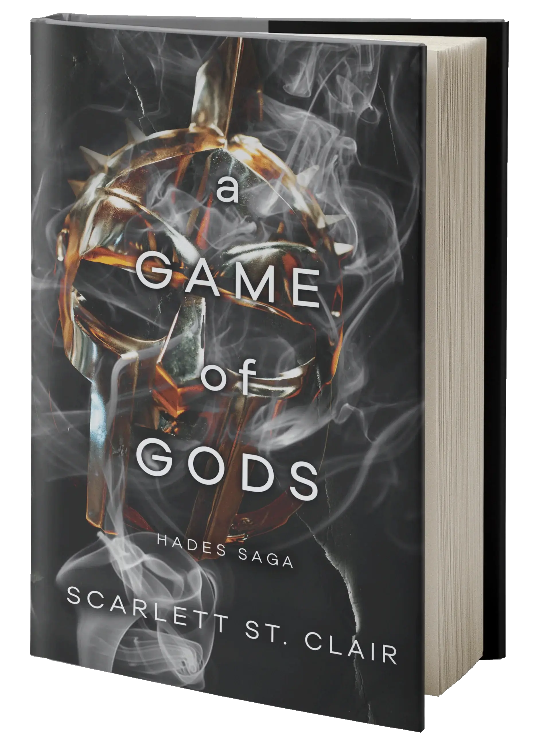 Hardcover boek a game of gods met donkergerookte omslag en gouden helm, deel van de hades saga door scarlett st