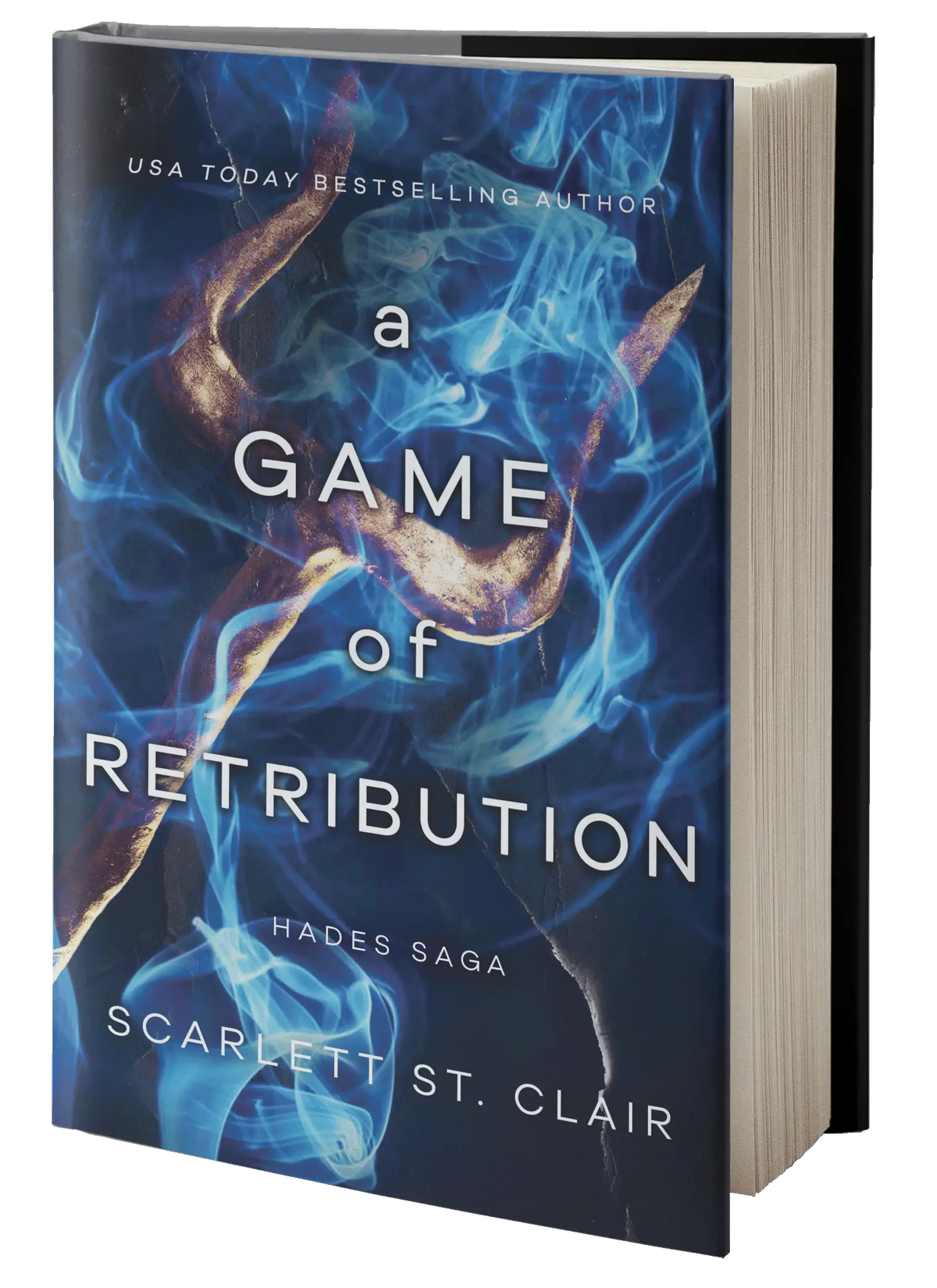 A hardcover book titled a game of retribution with a dark blue cover featuring electric blue flames and golden horn shapes