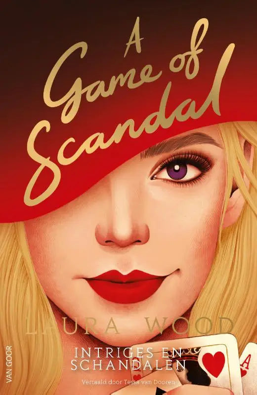 Een rood en goud boekomslag van a game of scandal met een vrouw met blond haar en paarse ogen door laura wood