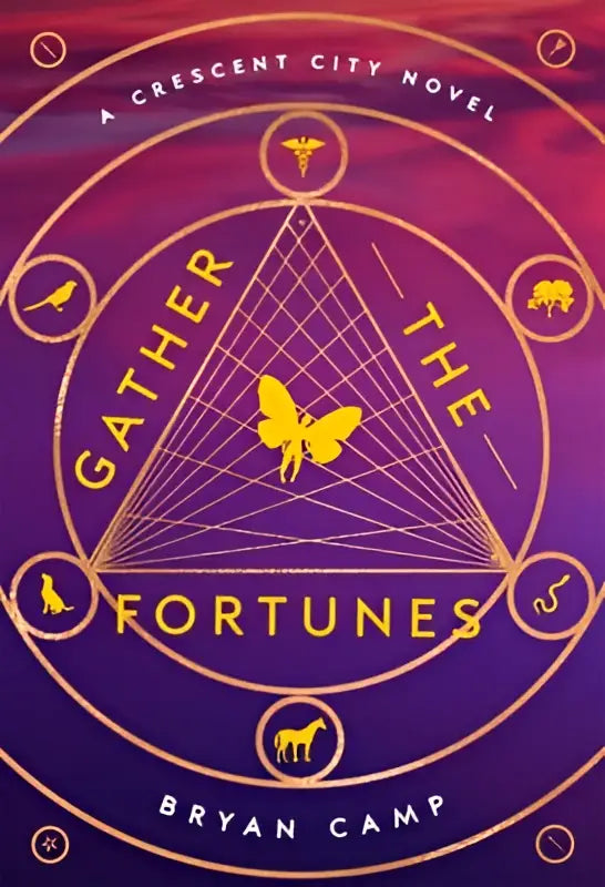 The gather the fortunes book cover features a vibrant purple and gold design with geometric patterns by bryan camp