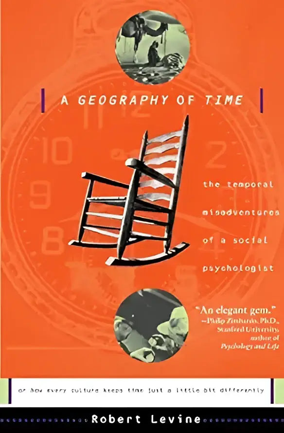 De boekcover van a geography of time door Robert Levine toont een oranje achtergrond met een zwarte schommelstoel en klok