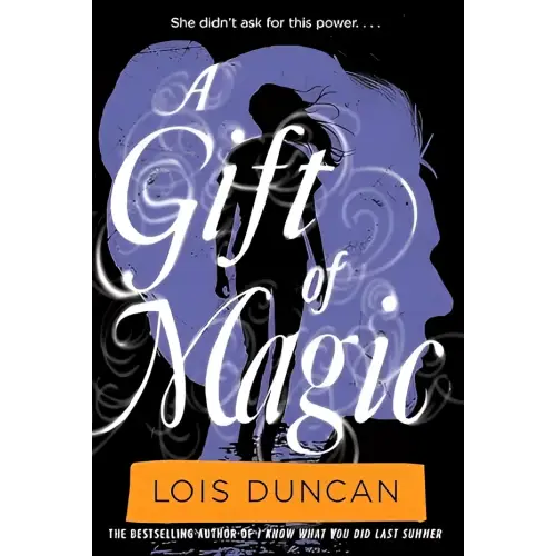 A purple and black book cover titled a gift of magic featuring elegant white script and two silhouetted figures