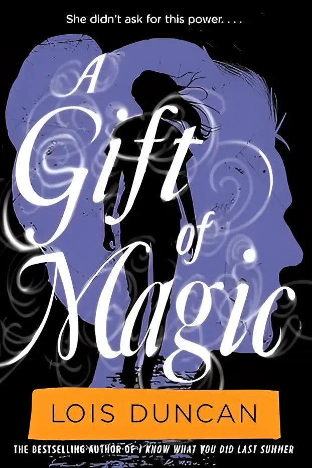 A purple and black book cover titled a gift of magic featuring elegant white script and two silhouetted figures