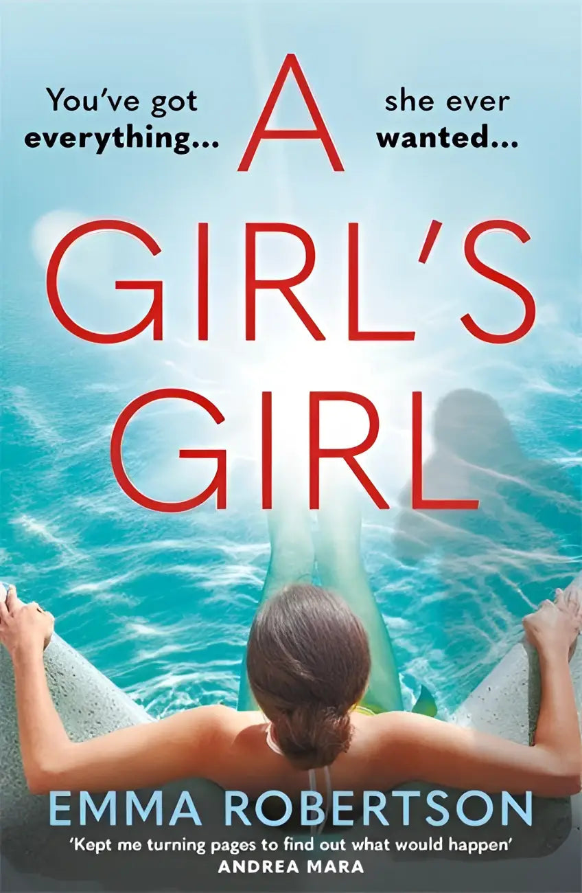 A vibrant turquoise book cover with bold red text featuring a girl’s back in clear blue water perfect beach read
