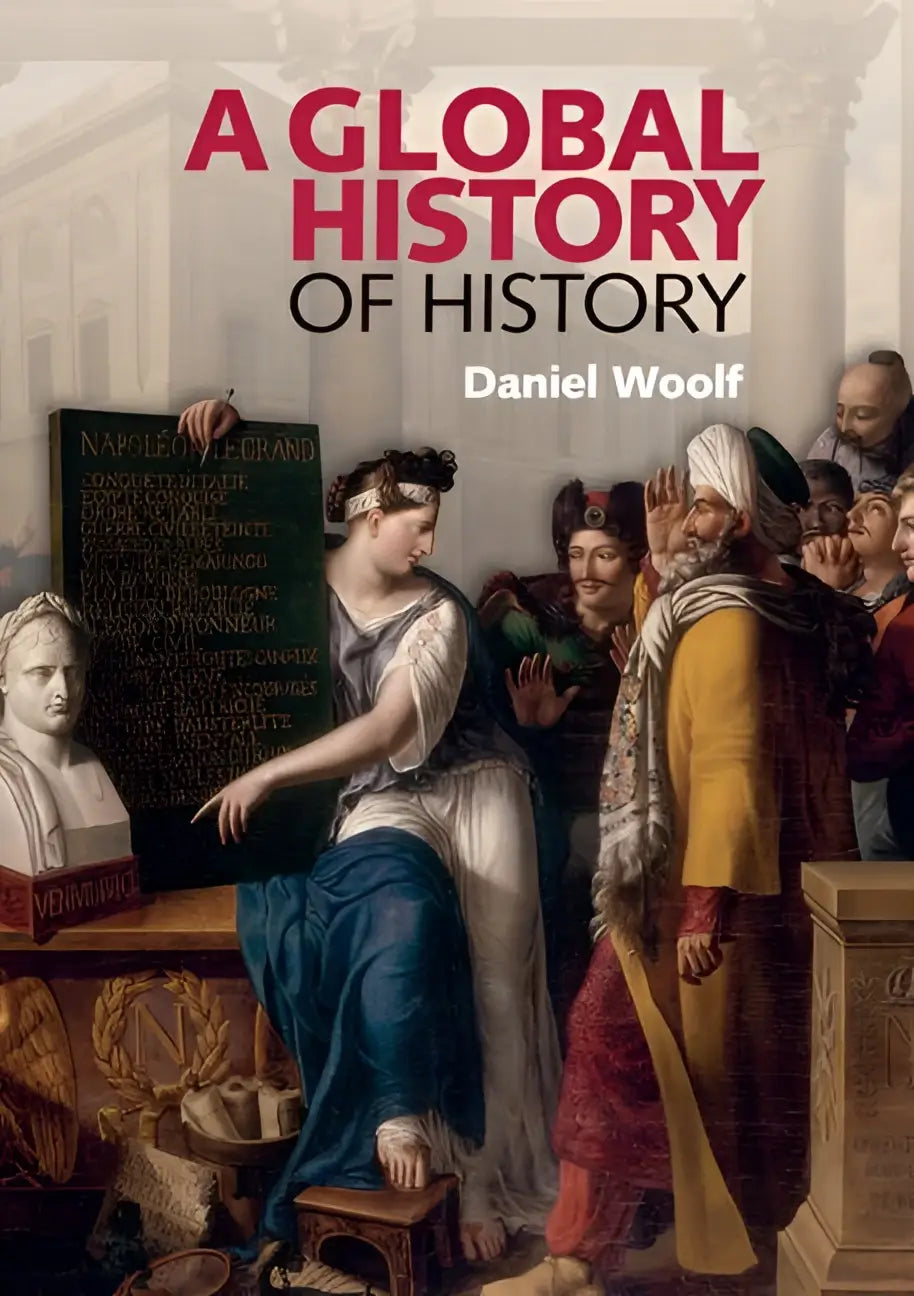 The book cover for a global history of history by daniel woolf features a classical painting from the ancient world with historical figures