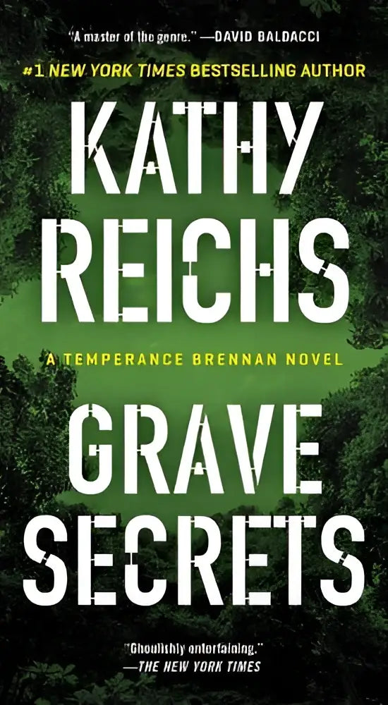 De boekcover van a grave secrets toont het temperance brennan novel grave secrets van kathy reichs met witte tekst op donkere groene bladeren