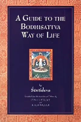 Een donkerblauw hardcoversboek met gouden letters en een sierlijke illustratie titel a guide to the bodhisattva way of life