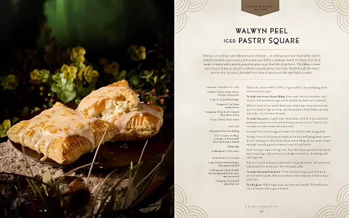 Golden-brown flaky-wrapped walwyn peel iced pastry square on rustic wood featured in the kitchen quadrant fourth wing guide
