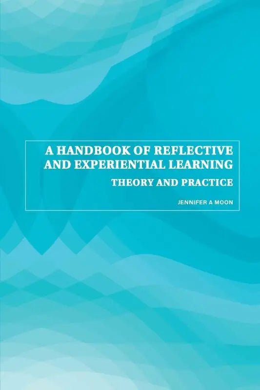 Een handboek over reflective and experiential learning met een teal geometrisch golfontwerp en witte tekst