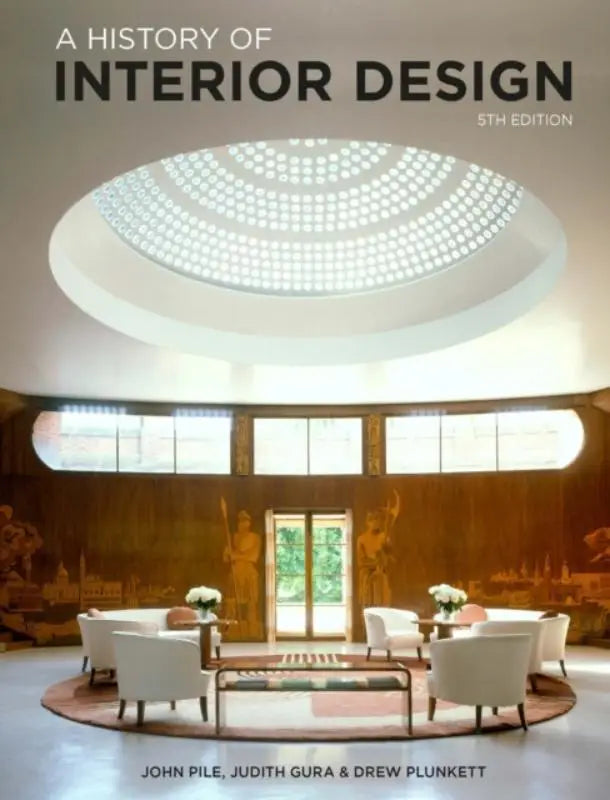 De cover van a history of interior design fifth edition toont een opvallende ronde plafondlamp met een gedetailleerd roosterpatroon