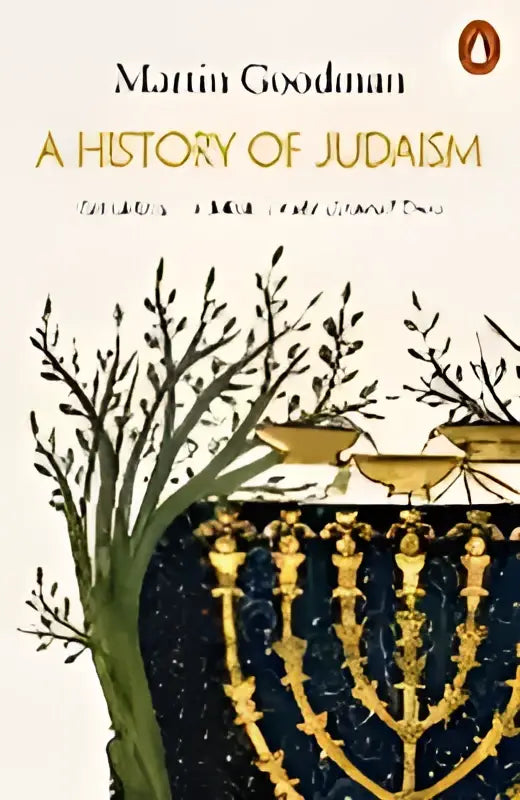 Boekcover van a history of judaism door julia neuberger met gouden menorah en lichtblauwe achtergrond
