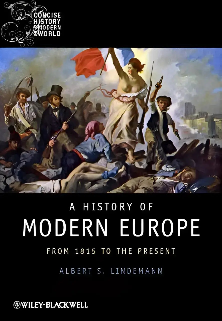 De boekomslag van a history of modern europa toont een klassieke revolutieschilderij met een rood wit blauw vlag