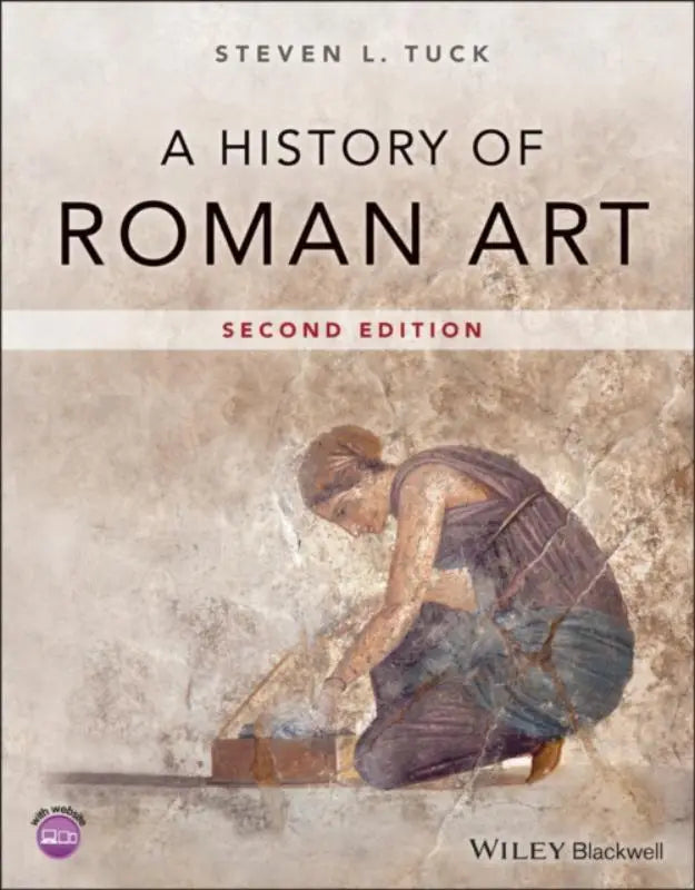 De boekcover van a history of roman art toont een gedempte tekstuur met een vrouw in antieke romeinse kleding knielend naast een houten doos