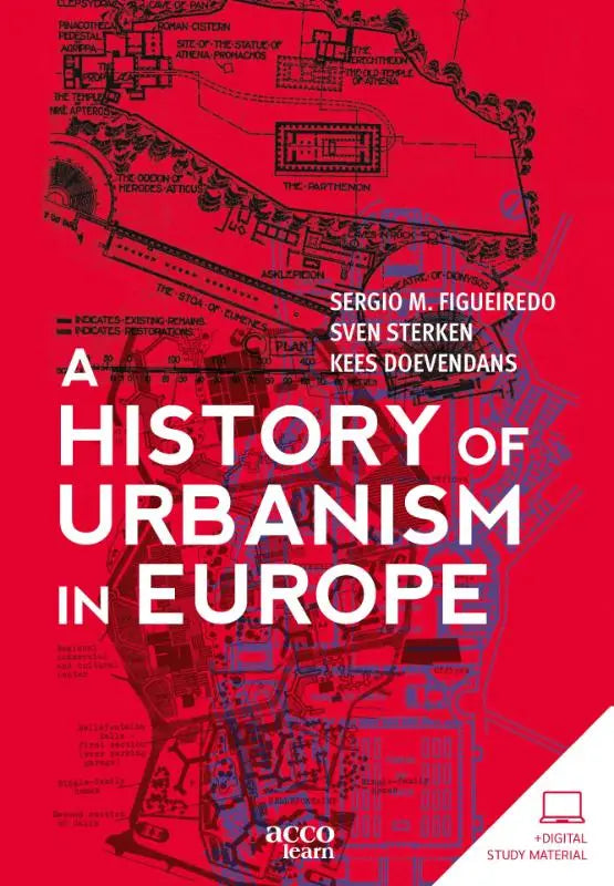 Rode boekomslag van a history of urbanism in europe met architecturaal plan en witte tekst door kees doevendans en sven sterken acco belgië