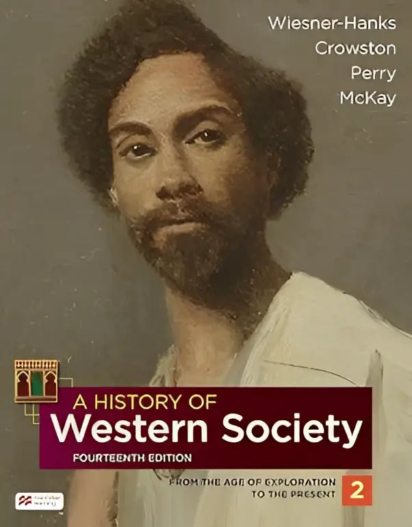 De cover van a history of western society volume 2 toont een gedetailleerd portret van een man met donker krullend haar en baard in wit kledingstuk
