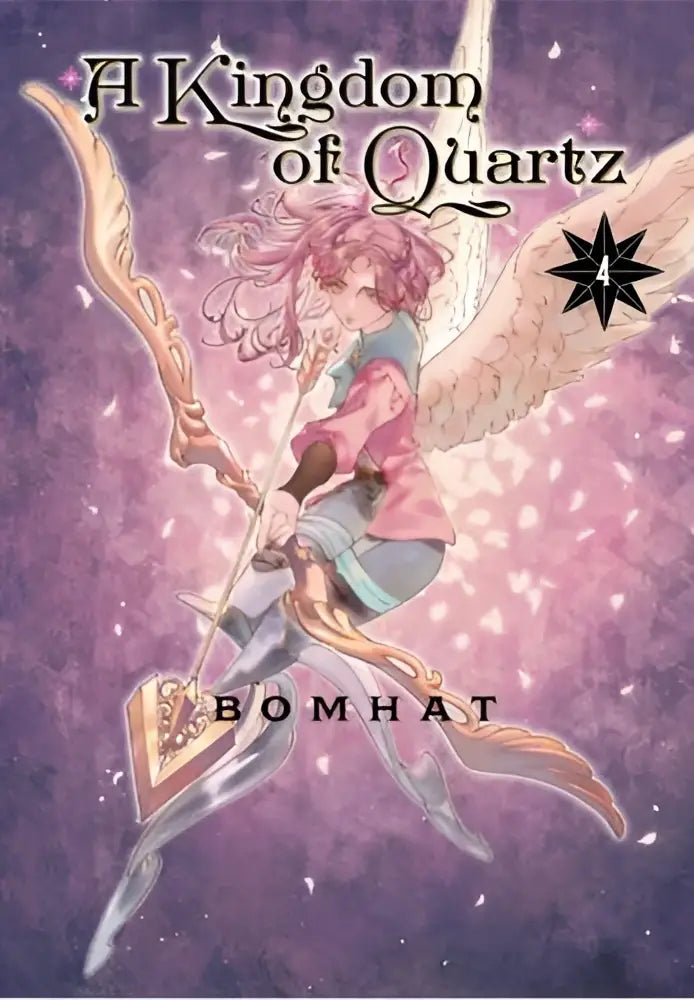A kingdom of quartz 4 met een fantasieillustratie van een vleugelachtige boogschutter in roze en goud tegen paarse achtergrond