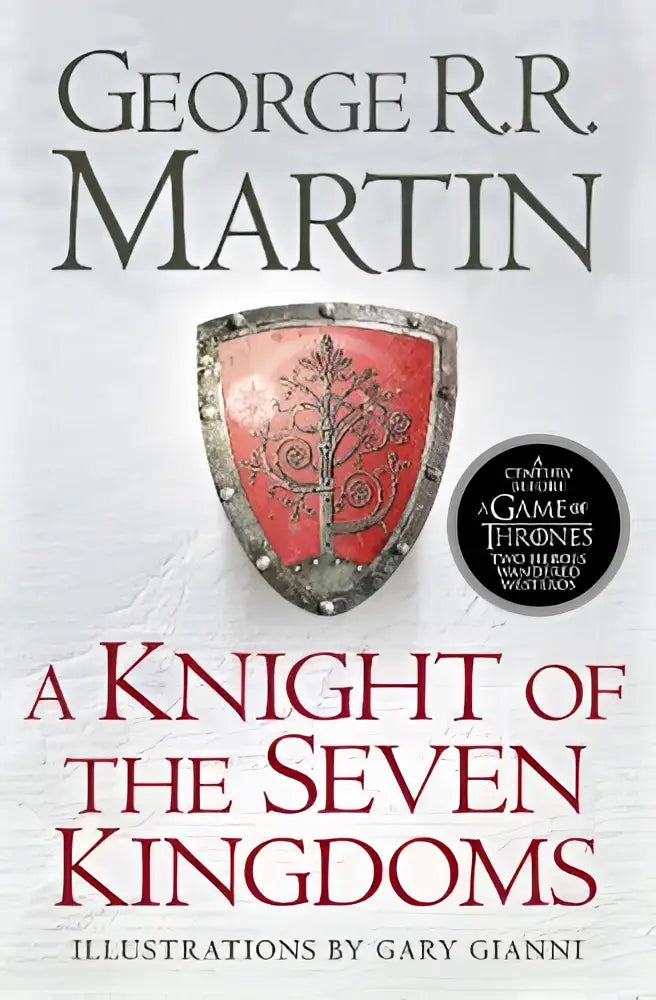 Rood schild met zilveren rand en boom ontwerp op het boek a knight of the seven kingdoms being the adventures door george r.r