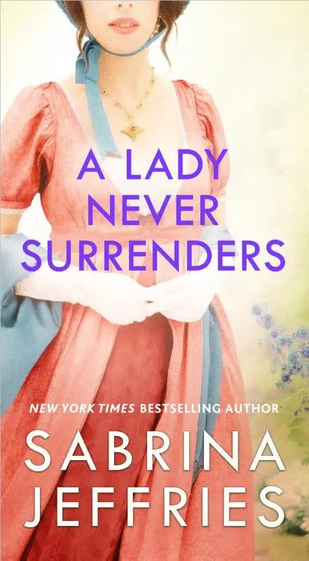 A lady never surrenders product showing a lady in a pink and blue historical gown with puffed sleeves and white gloves