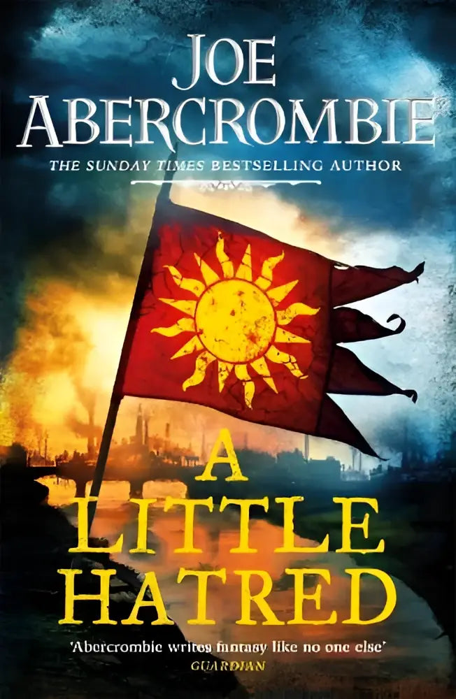 Een rood vlag met gele zon embleem, versleten stof, afbeelding bij a little hatred uit de epic sunday times bestselling serie