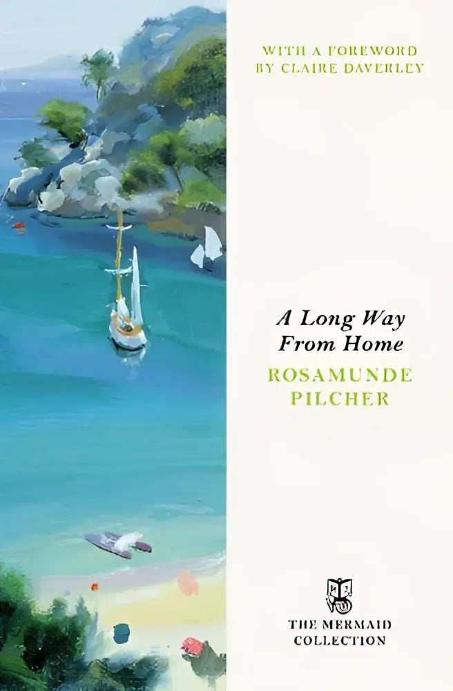 De boekcover van a long way from home toont een serene kust met turquoise water, witte zeilen en groene kliffen