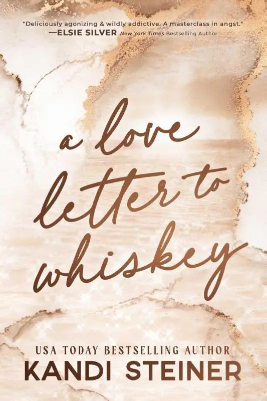 A love letter to whiskey boekomslag met beige en bruine marmerprint en elegante donkere cursieve tekst door kandi steiner