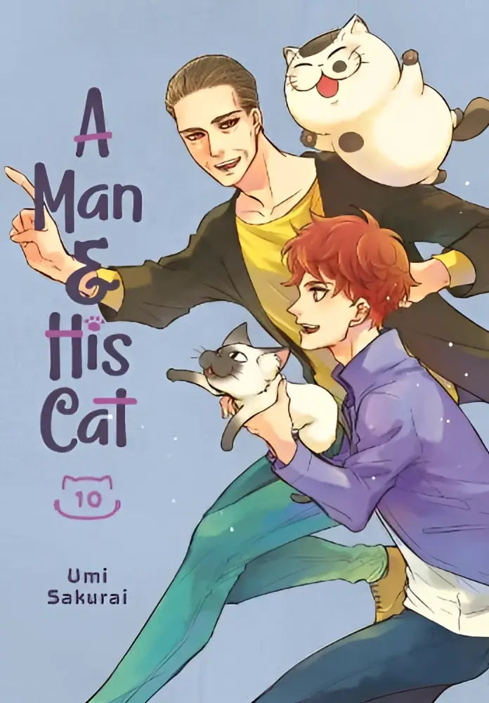 De cover van het manga volume a man and his cat 10 door umi sakurai toont geïllustreerde personages en katten op een lichtblauwe achtergrond