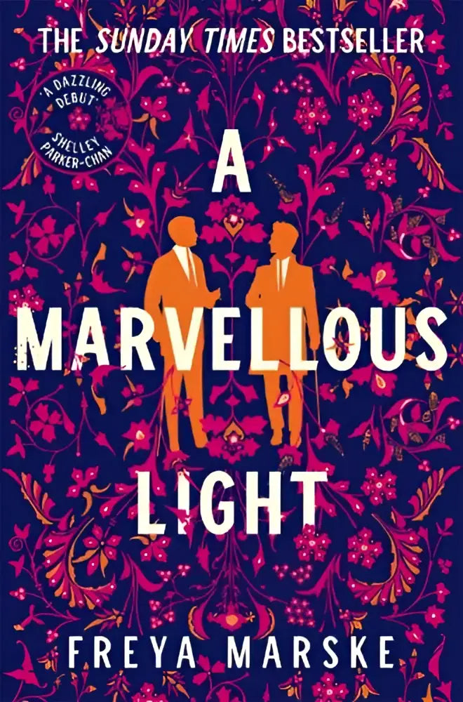 Een levendige boekomslag van a marvellous light met twee oranje silhouetten op een paarse achtergrond met roze bloemmotieven