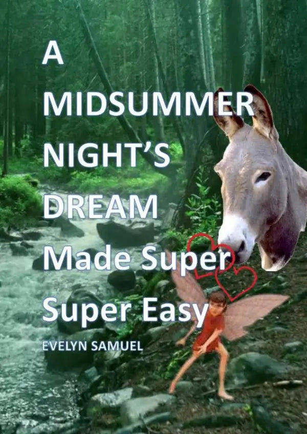 A gray donkey with a white muzzle stands in a forest beside a stream in a midsummer nights dream made super super easy