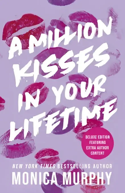 Een levendig paars boek genaamd a million kisses in your lifetime van monica murphy met vet witte tekst en rode lipsticksporen en bad boy thema