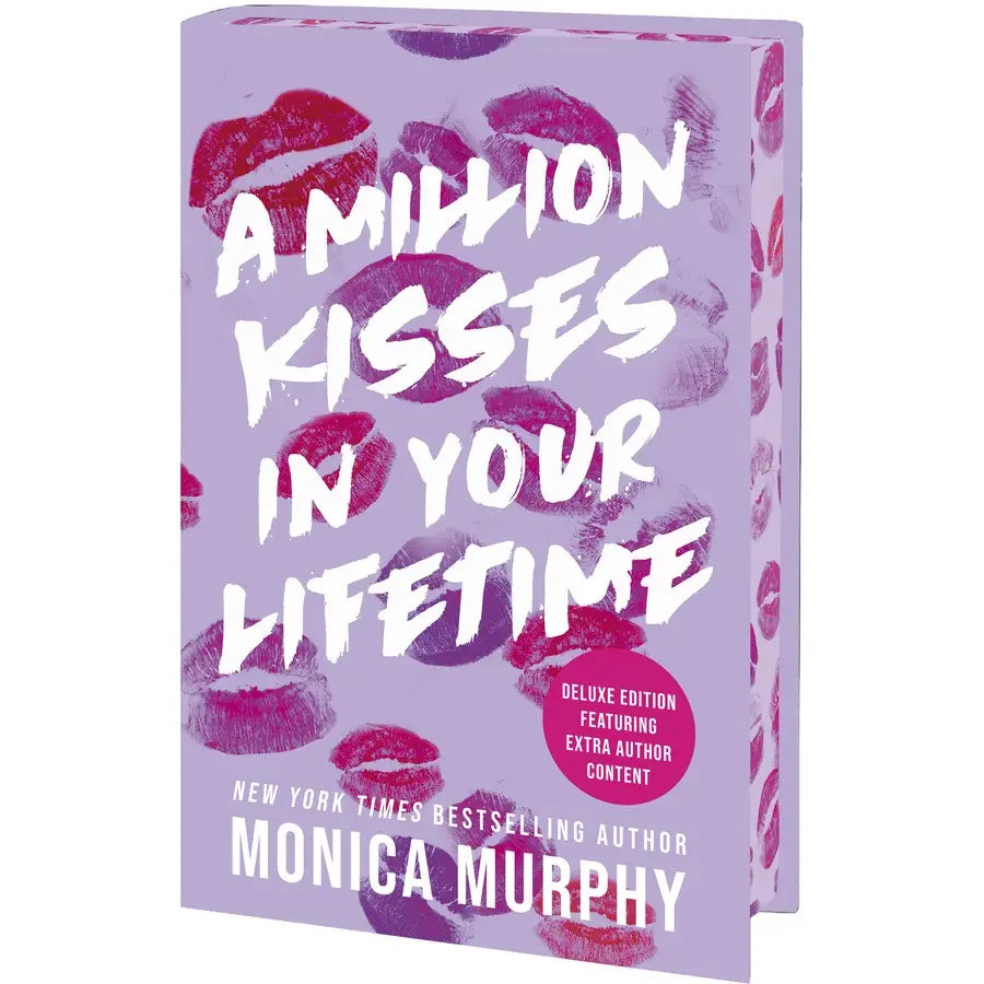 Een lavendelkleurig boek van monica murphy met witte tekst en rode lippenafdrukken getiteld a million kisses in your lifetime special edition gericht op school romance en bad boy thema