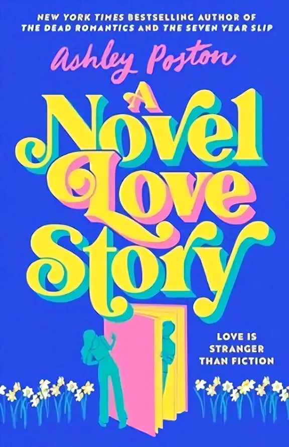 A vibrant blue book cover titled a novel love story with bold pink and yellow gradient lettering for a novel love story
