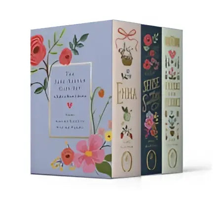 The jane austen puffin in bloom 3-book set features floral designs on blue cream and green spines with the title the one hundred
