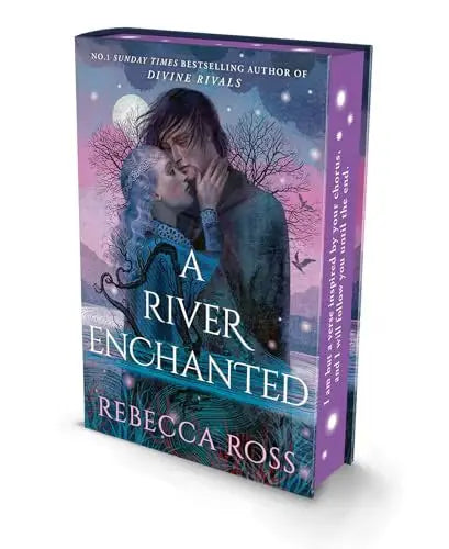A special edition fantasy romance novel river enchanted by rebecca ross with soft purple and teal cover showing two embracing figures under moonlight
